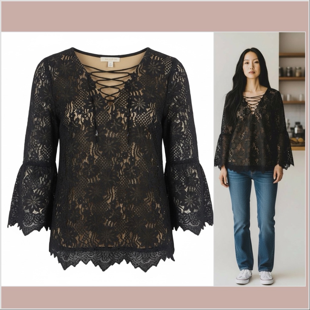 Black Lace Up Romantic Blouse